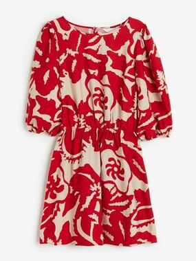 H&M puff sleeve mini dress balloon elastic waist floral print crepe long round